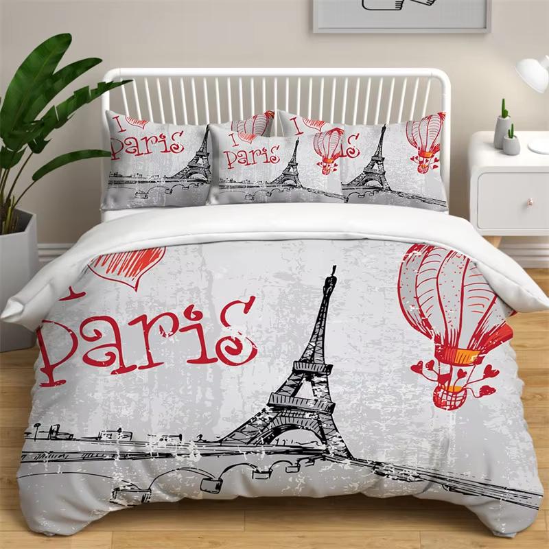 Eiffel Tower Duvet Cover Set Romantic Paris Tower Bedding Set French Style Home Decor Cityscape Quilt Cover King For Girls Boys