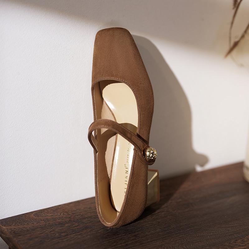 Limited~ Retro Square Head Metal Thick Heel Shallow Mouth Single Shoes Women's Mary Jane Shoes Sheepskin Simple