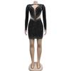 C6312 Fashion Women's Mesh Hot Drilling Solid Color Long Sleeve Short Skirt Dress