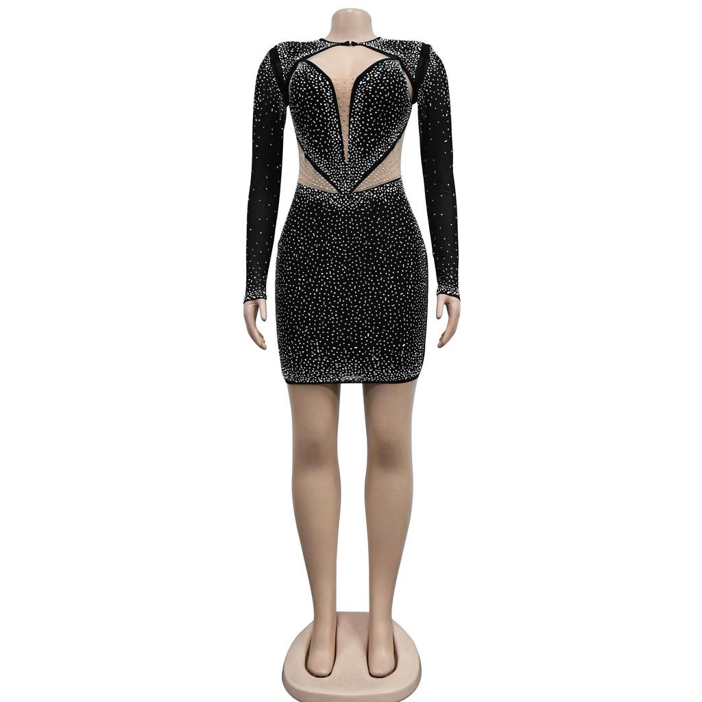 C6312 Fashion Women's Mesh Hot Drilling Solid Color Long Sleeve Short Skirt Dress