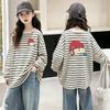 Girls' Fashionable Striped Cotton Long-Sleeve T-shirt for Ages 6-15 - Stylish Casual Patchwork Design
