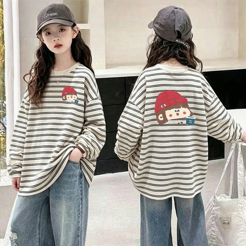 Girls' Fashionable Striped Cotton Long-Sleeve T-shirt for Ages 6-15 - Stylish Casual Patchwork Design