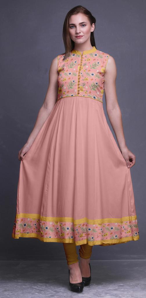 Bimba Aquamarine Green Damask Printed Women Designer Mandarin Collar Anarkali Dress Indian Ethnic Kurta
