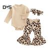 3 Pcs/Set Children Top Pants Headband Suit for 0-24 Months Floral Printing Flared Trousers High Collar Knitted Bodysuit Bow Headband Photo Prop
