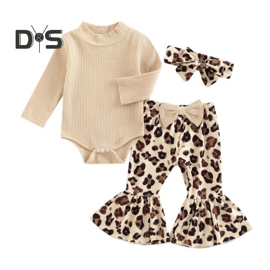 3 Pcs/Set Children Top Pants Headband Suit for 0-24 Months Floral Printing Flared Trousers High Collar Knitted Bodysuit Bow Headband Photo Prop