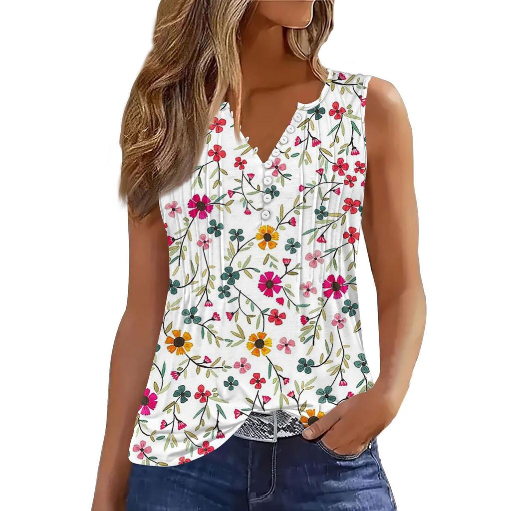 Cămașă casual largă plisată cu flori și plante pentru femei, cu guler în V și nasturi, tricou, cămașă, vestă fără mâneci