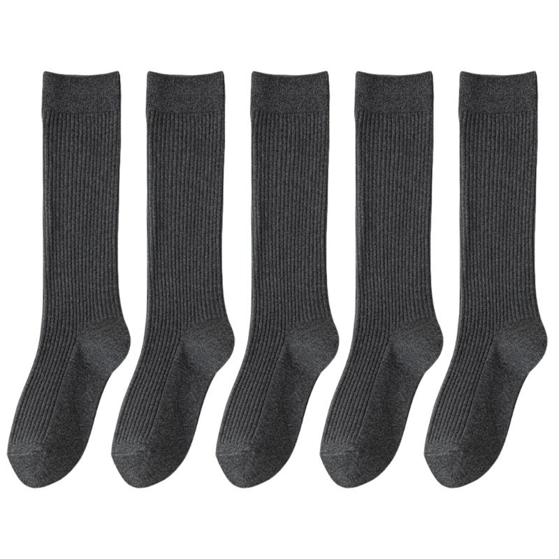 5 Pairs Women Rib Knitted Cotton Over The Calf Socks with Thick Double Stitching Classical Solid Color Knee Length Socks