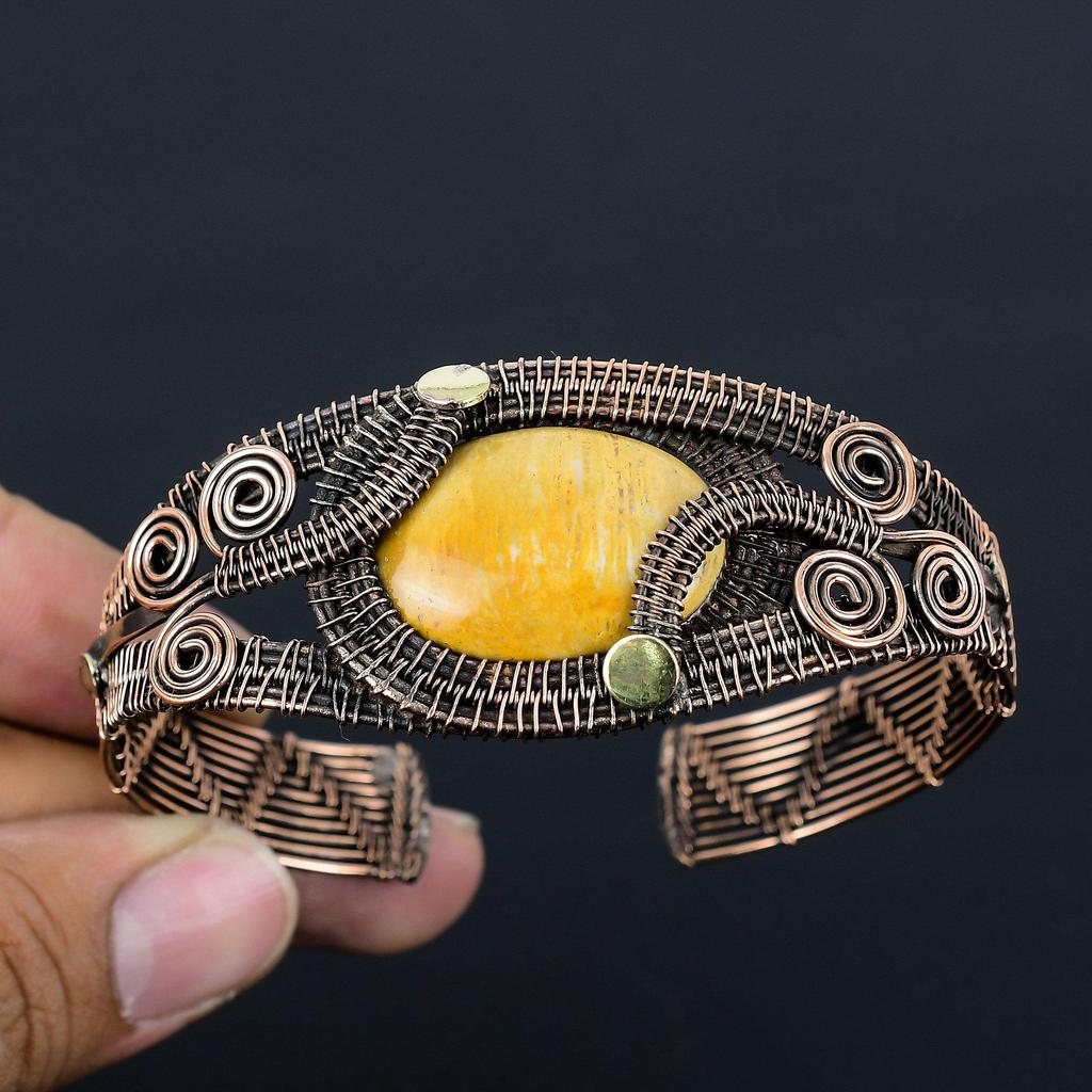 Picture Jasper Gemstone Pure Copper Wire Wrapped Handmade Cuff/Bangle Jewelry