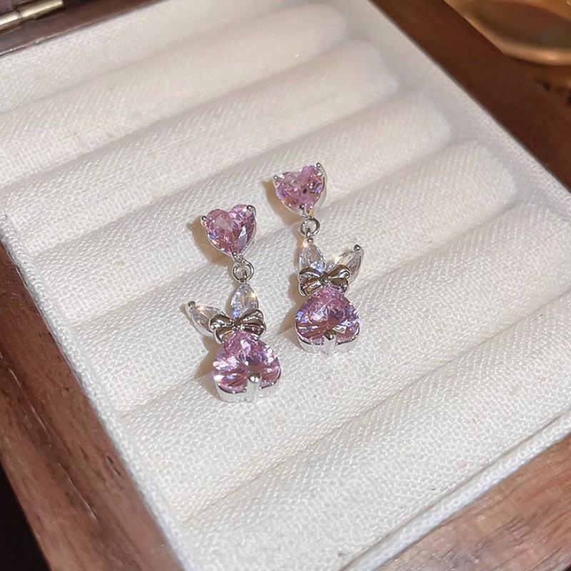 Pink Zircon Heart Bow Bunny Ear Studs Women's Fashionable Luxury Silver Needle Cute Earrings