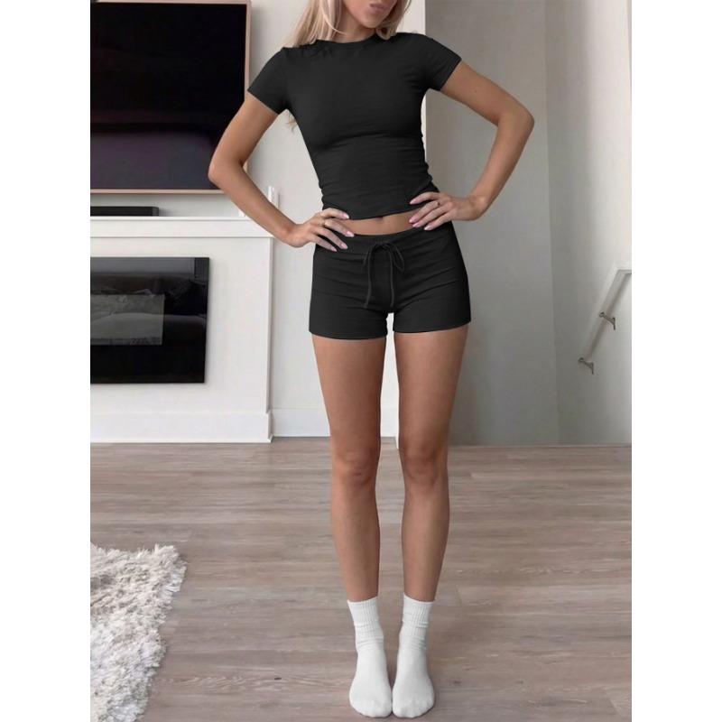 Women Solid Short Sleeve Round Neck T Shirt And Shorts Casual Two Piece Set