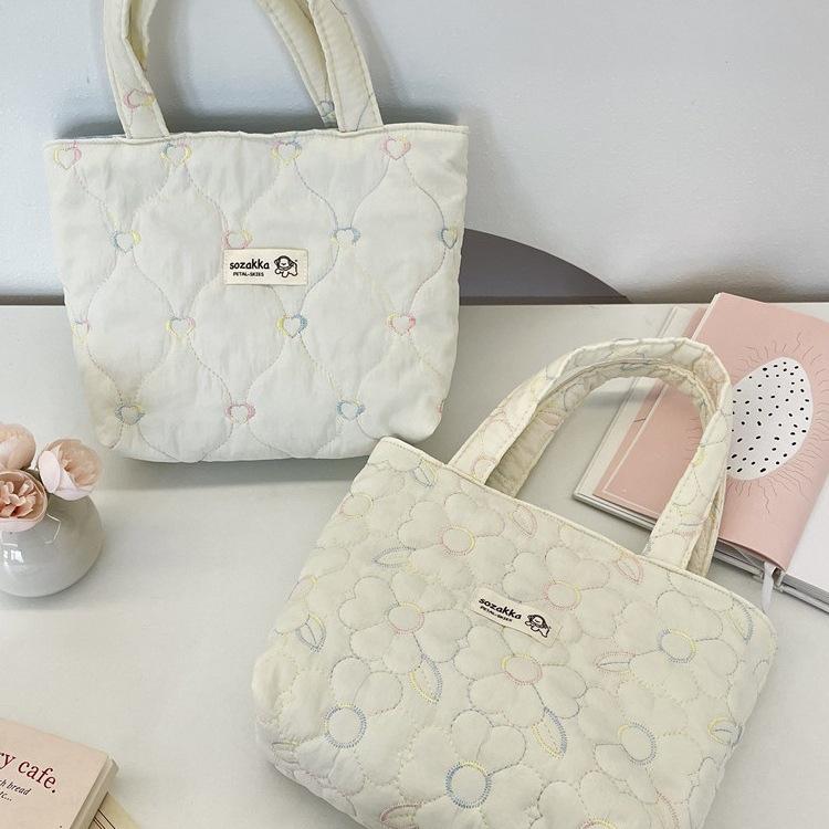 Korean Style Quilted Bow Embroidery Handheld Canvas Handbag for Women 2026 New