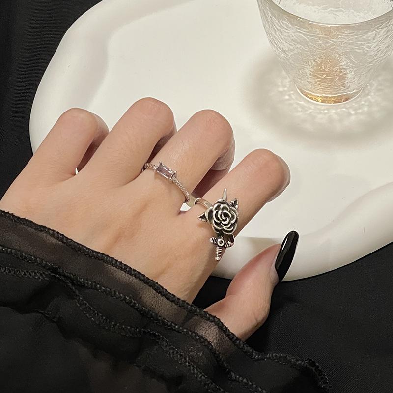 Punk Retro Personality Niche Design Sense Rose French Irregular Premium Sense Zircon Retro Open Ring