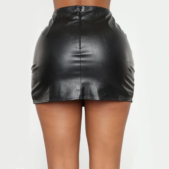 Solid Color Hidden Zipper Mini Skirt Faux Leather High Waist Split Skinny Skirt Streetwear