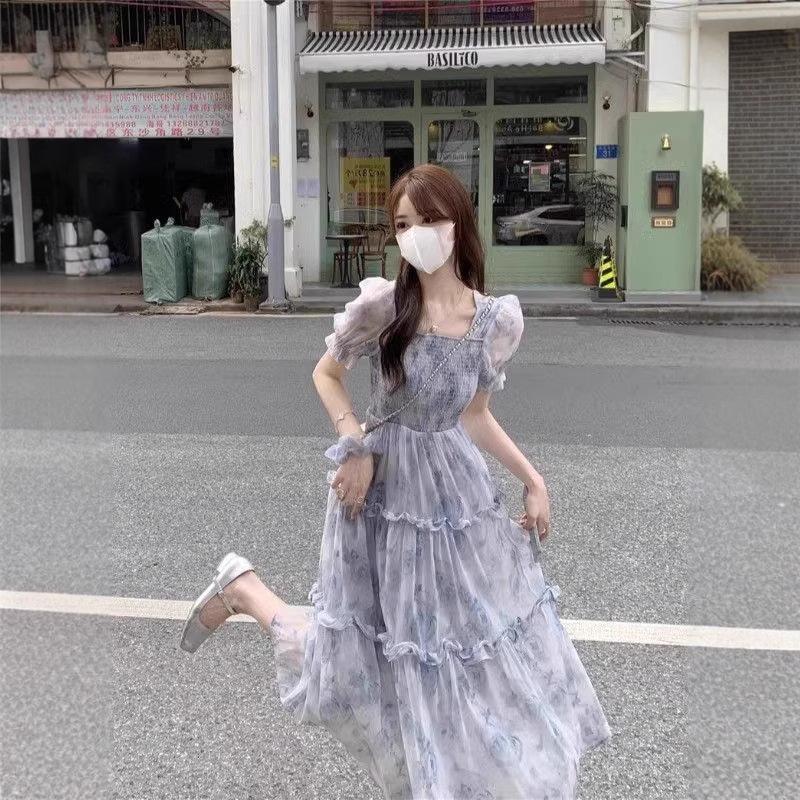 French Mori Super Fairy Bubble Sleeve Dress Women's Summer Large Size Fat Mm Gentle Wind Skinny Chiffon Princess Dress