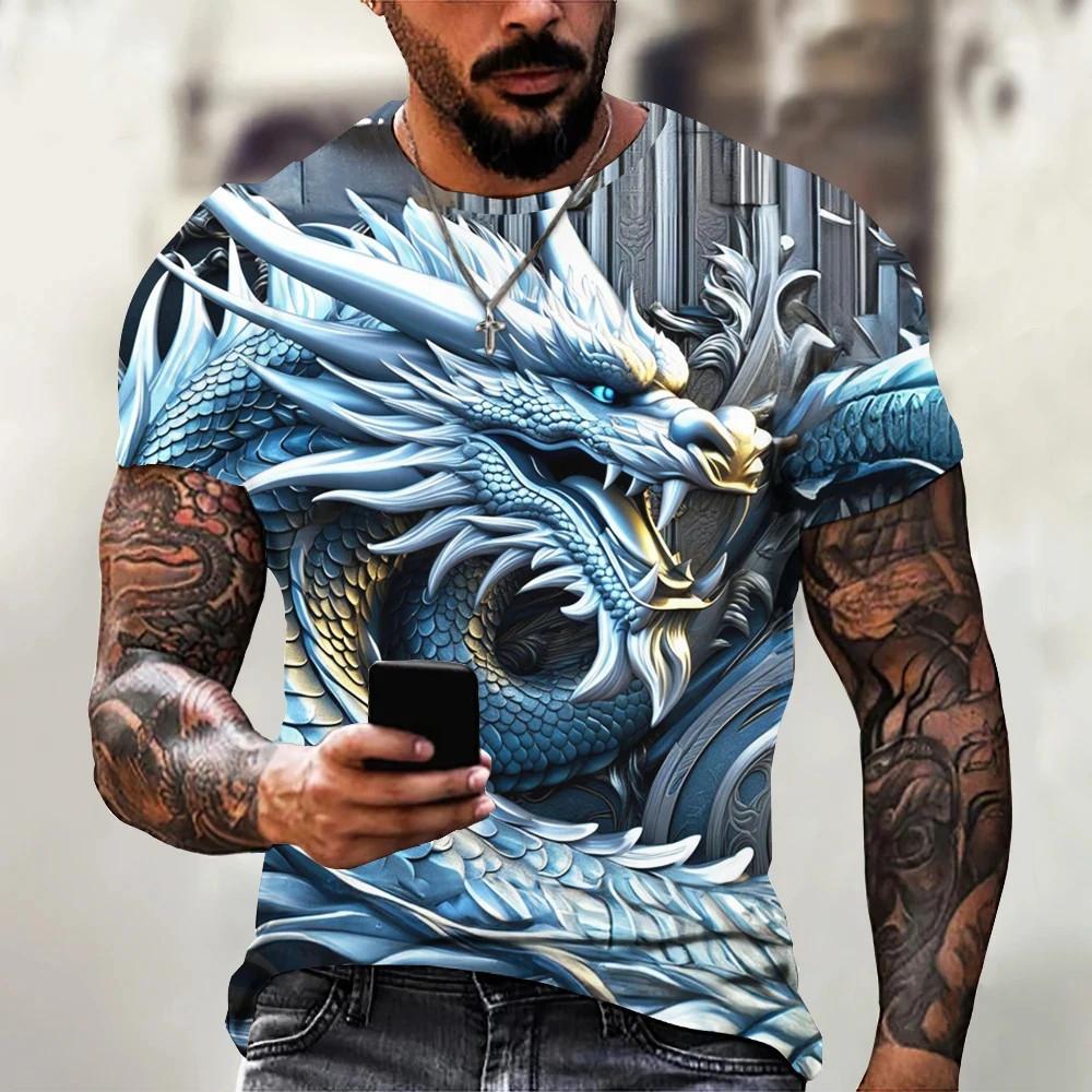 Summer casual dragon T-shirt men's fashionable 3D animal print, plus size short sleeved street T-shirt