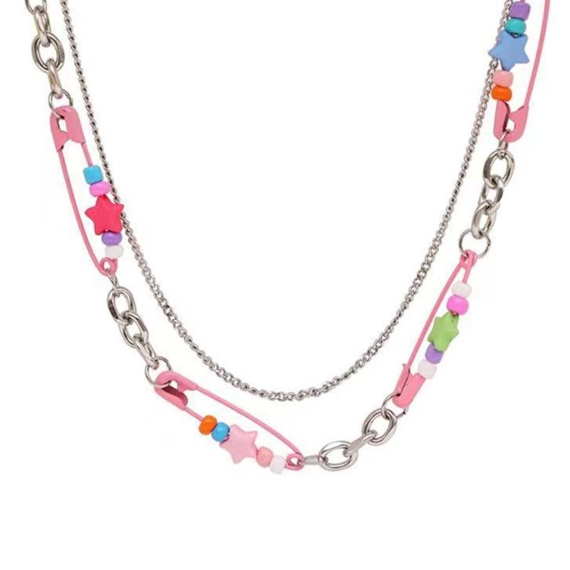 

Double Layer Beaded Necklace Fashionable Splicing Necklace Candy Colored Beads Chokers Titanium Steel Material for Women 1