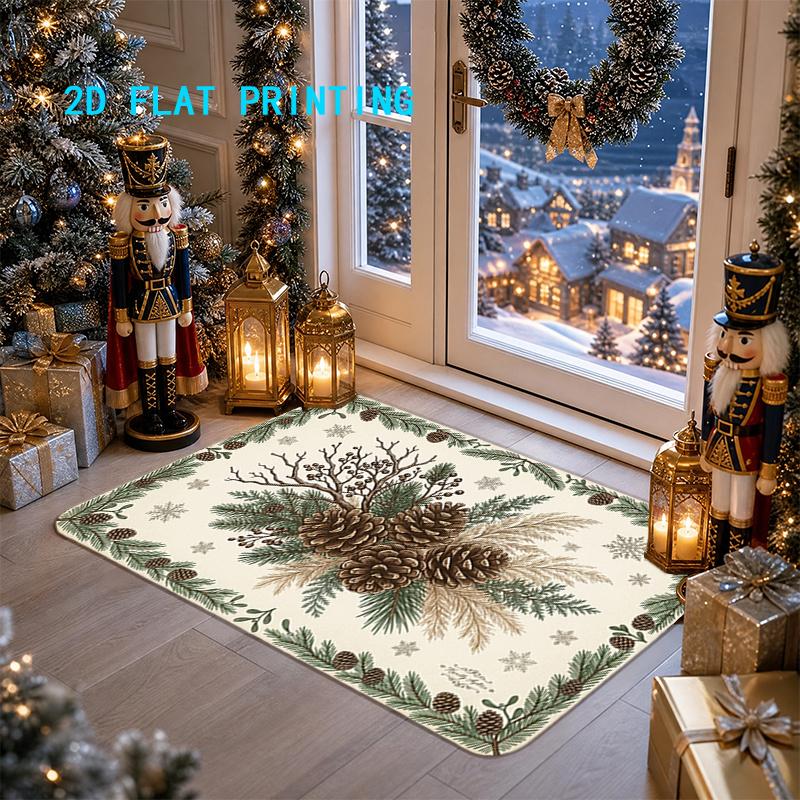 1pc 2D Flat Christmas Pine Cone and Pine Branch Entry Rug, Winter‑Style Decor Mat for Home, Entryway, Hallway, Bathroom