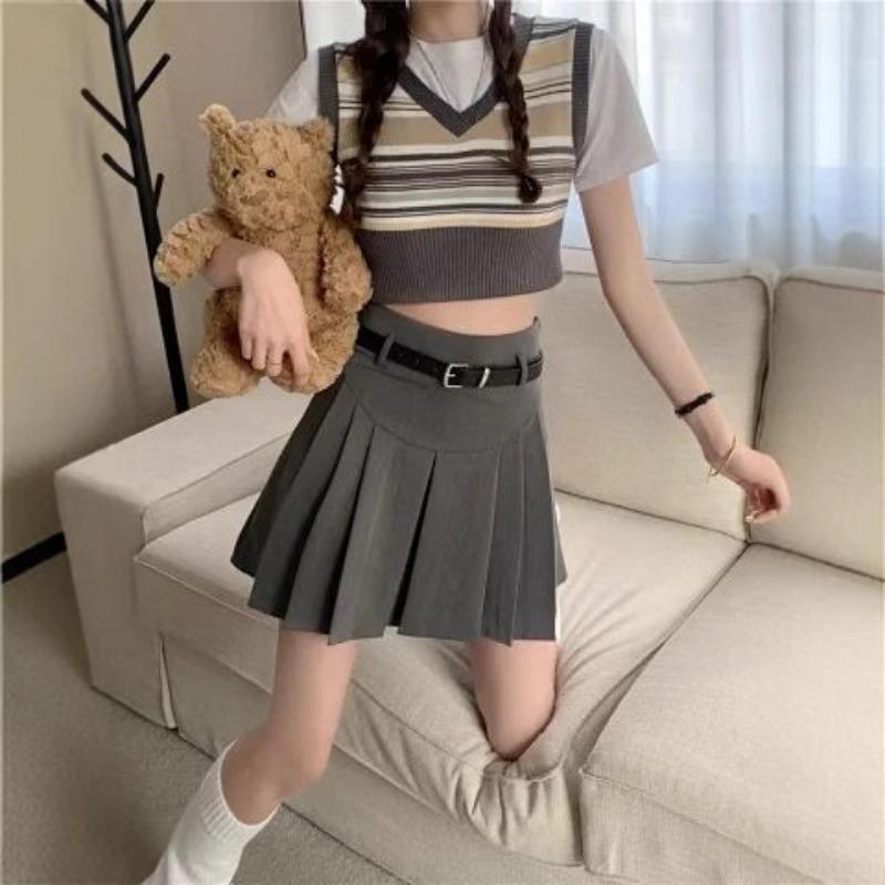 

Дизайнерская чувственная юбка-костюм с высокой талией для женщин, тонкая летняя однотонная плиссированная юбка для маленьких, универсальная, омолаживающая, А-силуэта, короткая юбка XL серый