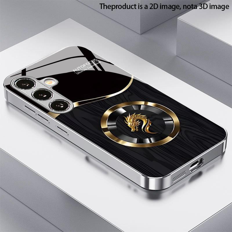 2D Dragon Black Gold Pattern Mobile Phone Case for Samsung S26 S25 S24 S23 S22 S21 S20 A56 A36 A16 - Glass Protective Cover