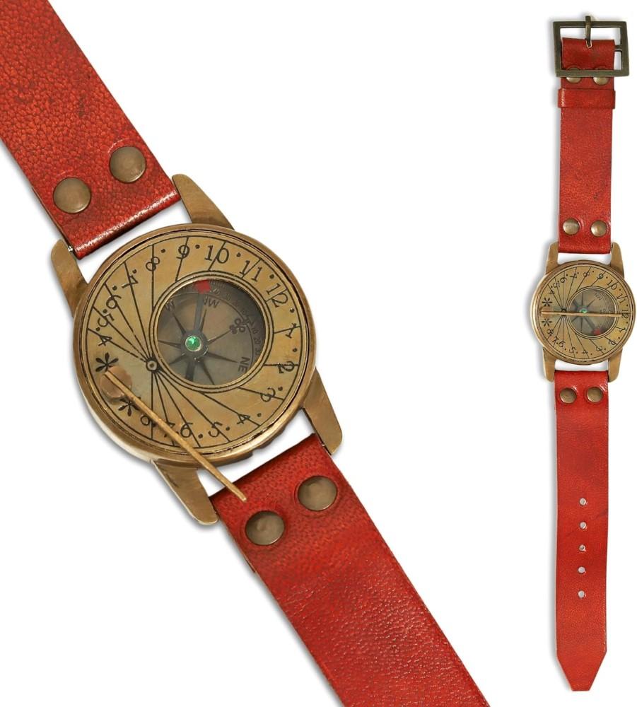 Náramkové hodinky se slunečními hodinami, mosazný kompas a kožené řemínky, námořní steampunk, ruční výroba