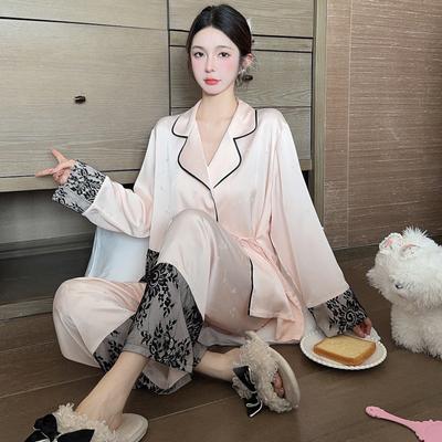 Pijamale Noi de Toamnă cu Decolteu în V pentru Femei, Dantelă Mătase de Gheață, Mâneci Chic și Dulci din Gaze Jacquard, Set Pijamale Netede din Două Piese