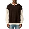 Men's Color,Blocked Stylish V,Neck Ribbed Textured Long,Sleeve T,Shirt
