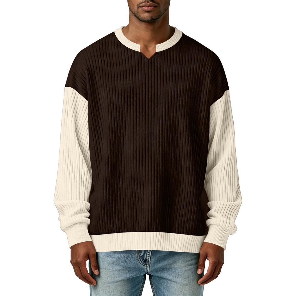 Men's Color,Blocked Stylish V,Neck Ribbed Textured Long,Sleeve T,Shirt