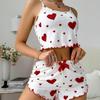 2 Buc/Set Pijama de Vară pentru Femei Costum Bretele Ajustabile Fără Mâneci Imprimeu Inimă Top Crop Șifonat Set de Pijamale de Dormitor