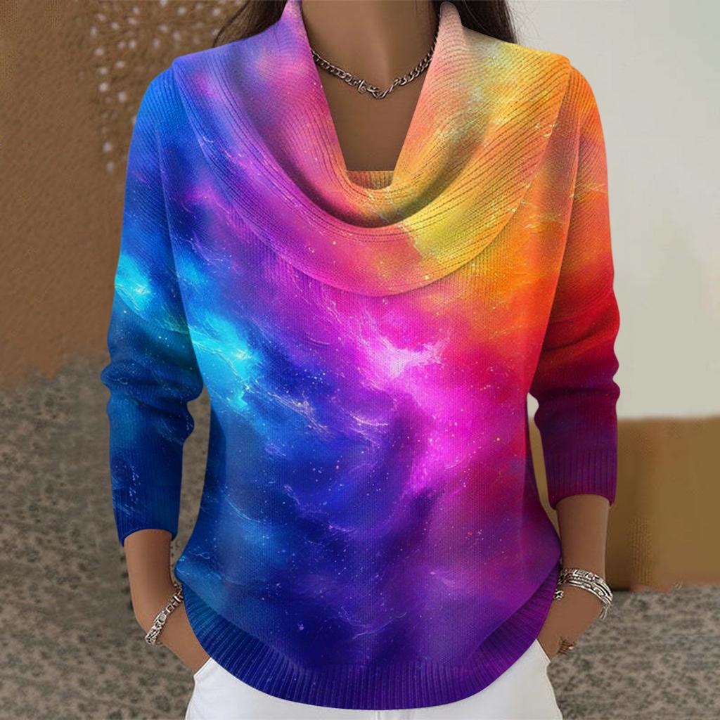 Dámský ležérní a módní svetr s dlouhým rukávem a potiskem, kulatým výstřihem