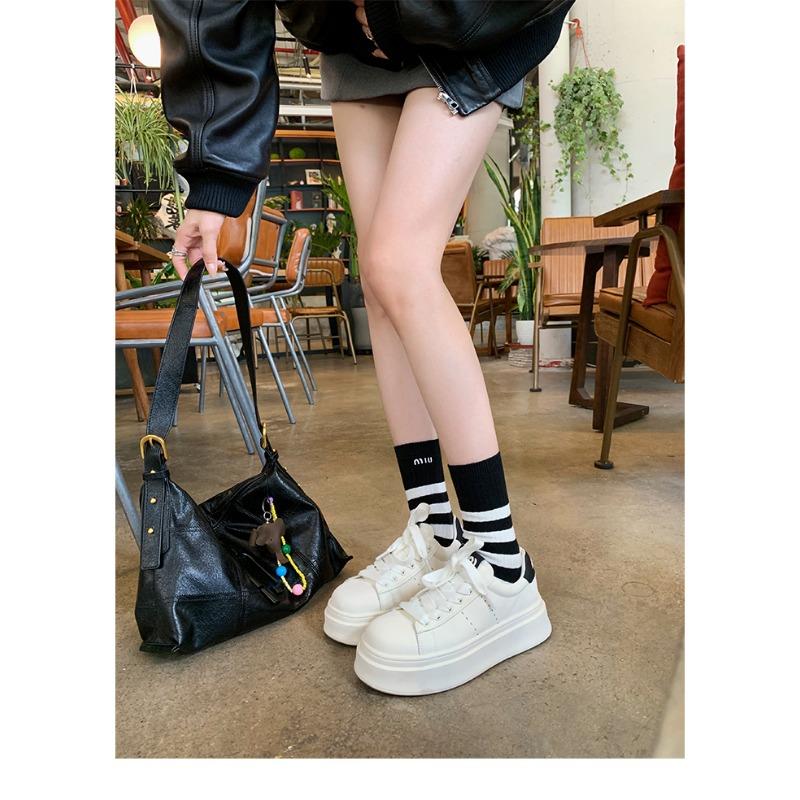 Cowhide version~ Classic round head thick sole heightening lace-up little white shoes college style versatile board shoes women