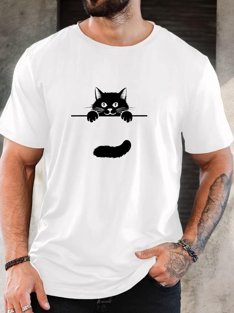 Unisex O Neck Tee Lovely Peeking Black Cat Graphic Print Cotton Short Sleeve Loose Summer Breathable Daily Casual Basic Wear Top