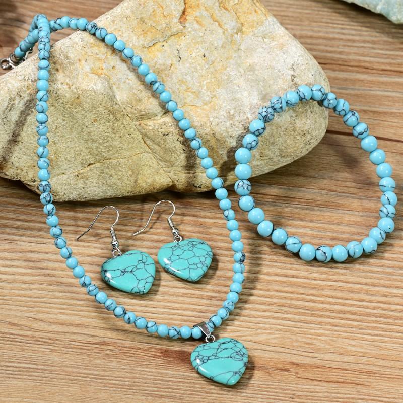 Handmade Turquoise Blue String Heart Drop Bell Pendant Necklace Beaded Bracelet Set Women Vintage Boho Jewelry