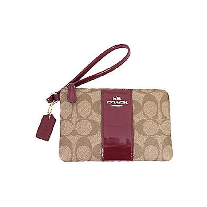 Coach Boxed 16 Classic Monogram Color Block Zipper Canvas And Leather Clutch Small Women clutch Khaki Burgundy 54460-IMC0G Khaki