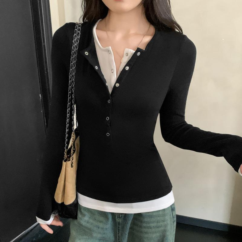 Women S Long Sleeve Fake Two Piece Henry Collar Slim Fit T Shirt