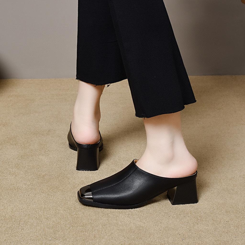Square head slippers women's outer wear spring and summer new iron bag head cowhide thick heel sandals women's fashion lazy drag