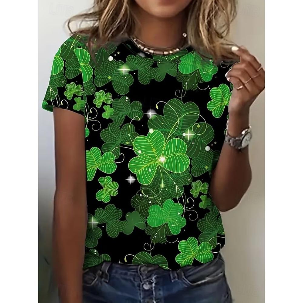 Women's T-shirt Green Lucky Clover 3D Print Crew Neck Outdoor Festival Short Sleeve T Shirts Women  ...