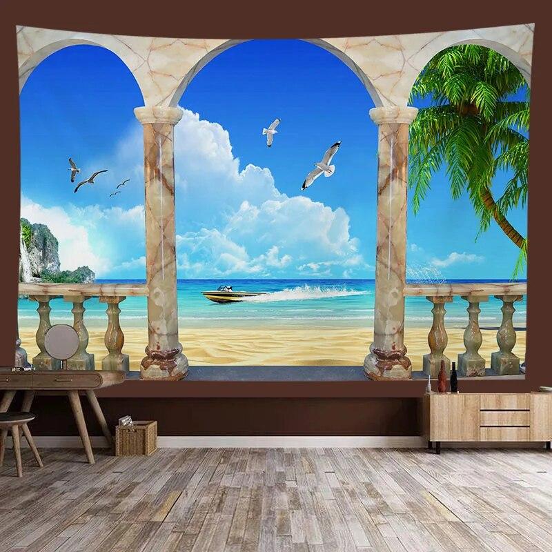 Window Sill Garden Beach View Large Tapestry Wall Hanging Bohemian Hippie Tapestry Room Aesthetic Living Room Home Decoration