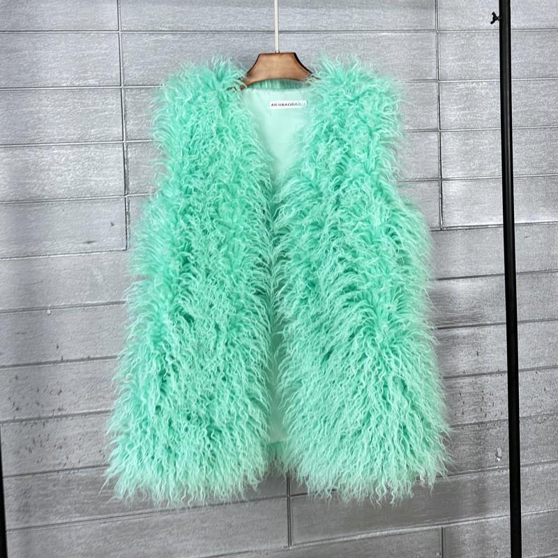 Plus Size Faux Shearling Vest Mid-Length Fur Coat Warm Sleeveless Jacket Women