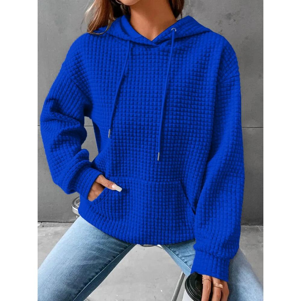 Women's Hooded Sweatshirt Spring and Autumn Style Waffle Fashion Beautiful Solid Color Hooded Drawstring Loose Sweatshirt