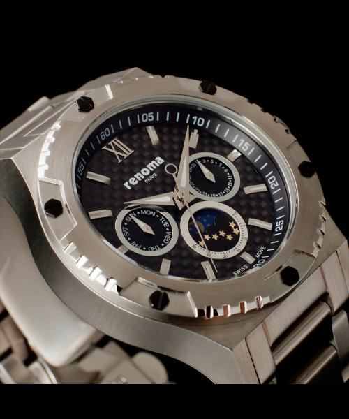 [RENOMA] RENOMA Multi-function Moonphase Carbon Swiss Movement Men's Metal Watch RE290BK