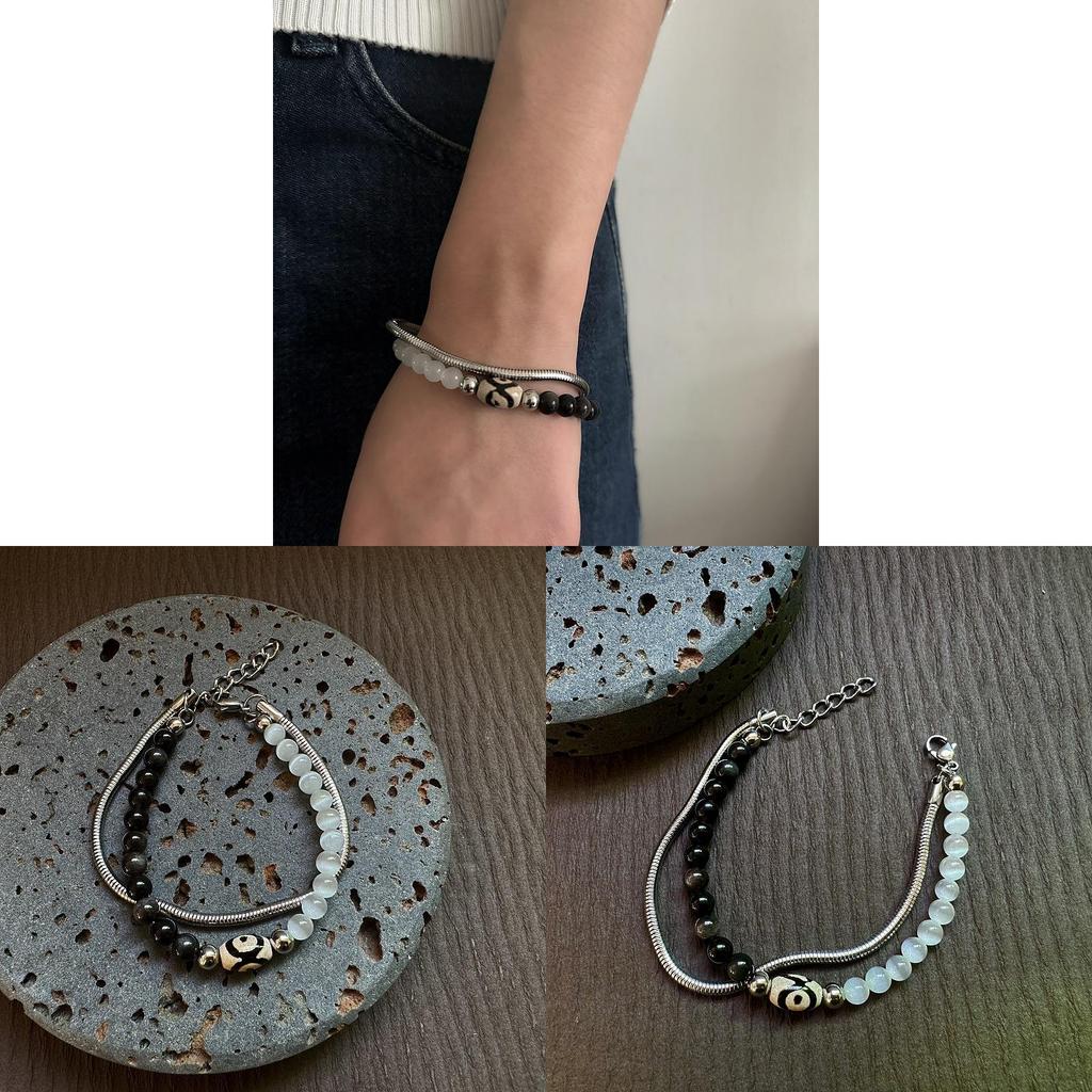 Handmade Geometric Stainless Steel Men Women Beaded Chain Bracelets For Hip Hop Style