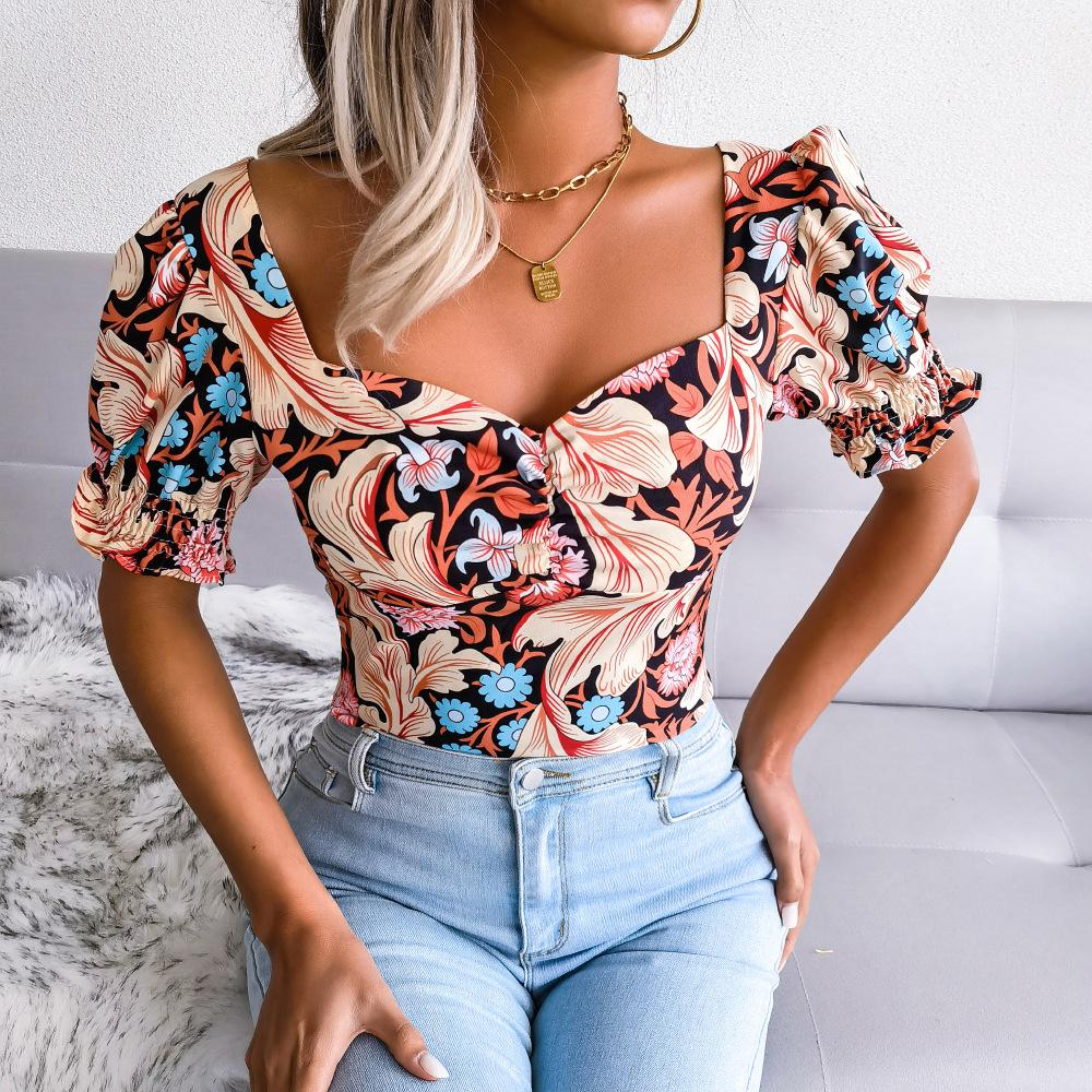 Women Sexy Backless Square Collar Floral Chiffon Blouse Top Lantern Short Sleeve Shirt Spring Summer Red Blue Black S M L XL