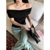 Pure Desire To Expose Collarbone, One-shoulder Off-shoulder Apricot Short-sleeved T-shirt for Women, New Summer Style Two-wear Waist-cinching Top
