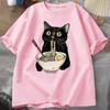 Noodle Lamian Noodles Cat Tshirt Gourmet Lover Short Sleeve Black Cat Noodle Tshirt Retro Casual Round Neck Tshirt