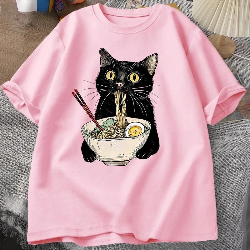 Noodle Lamian Noodles Cat Tshirt Gourmet Lover Short Sleeve Black Cat Noodle Tshirt Retro Casual Round Neck Tshirt