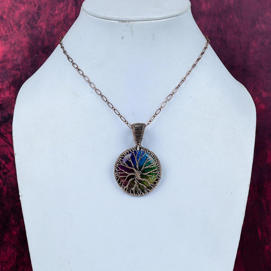Tree Of Life Rainbow Solar Quartz Druzy Gemstone Pendant Copper Wire Wrap Pendant