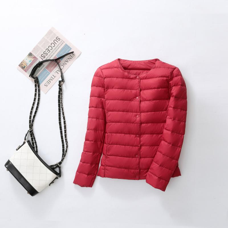 Nové dámské jednobarevné lehké péřové kabáty bez límce na knoflíky Teplá krátká péřová bunda Měkká pohodlná zateplená Slim krátká prošívaná bunda