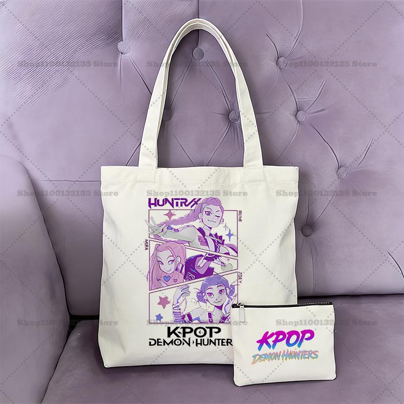 2pcs KPop Demon Hunter Handbag Coin Purse Girl Bag Shopping Canvas Shopper Tote Wallet Shoulder Lady Bags Women Gift Kid Friendly Entertaining Fun