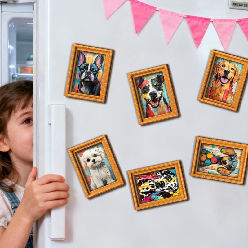 Artistic Dog Themed Refrigerator Magnets Natural Wood Frame Fridge Magnets for Kitchen Decoration