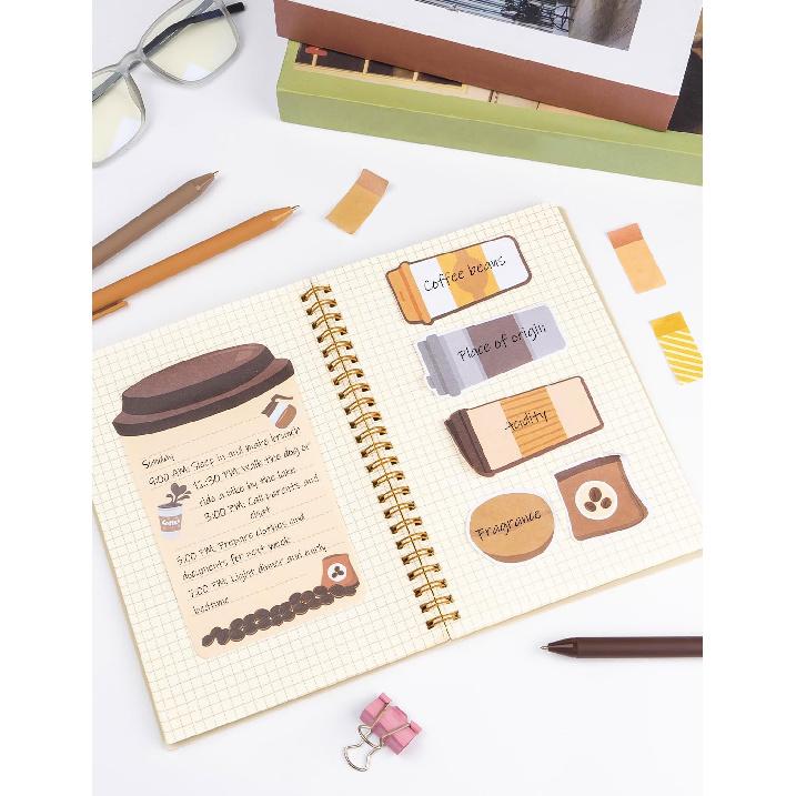 Coffee Themed Gifts for Coffee Lovers, Coffce Sticky Notes Pads with 3 Ballpoint Pens, Self-Stick Notes Pads Animal Divider Tabs Bundle Writing Memo